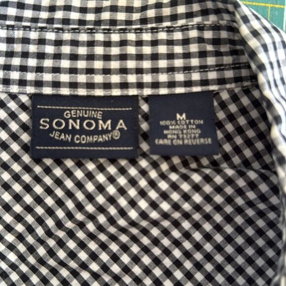 Sonoma Women's Black White Bias Check Snap Button Top 3/4 Sleeves V Neck sz M - Picture 3 of 5